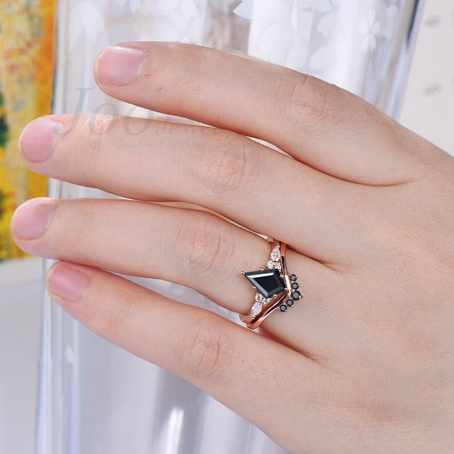 Kite Cut Rose Gold Natural Black Onyx Engagement Rings Set Unique Black Black Bridal Set Black Diamond Curve Wedding Band Anniversary Gift
