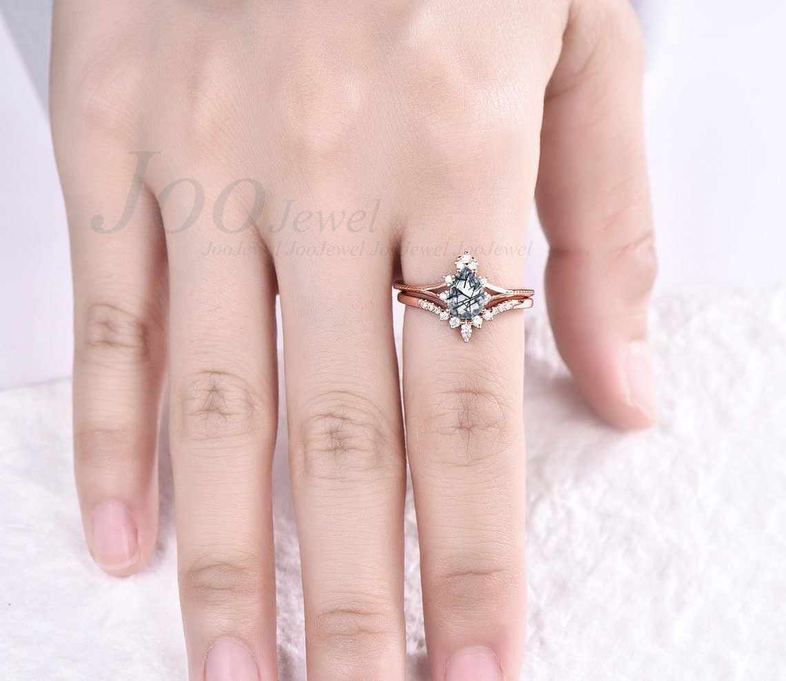 Pear Shaped Natural Black Rutilated Quartz Engagement Ring Set Vintage Black Rutile Ring Pure 10K/14K/18K Rose Gold Crystal Wedding Ring