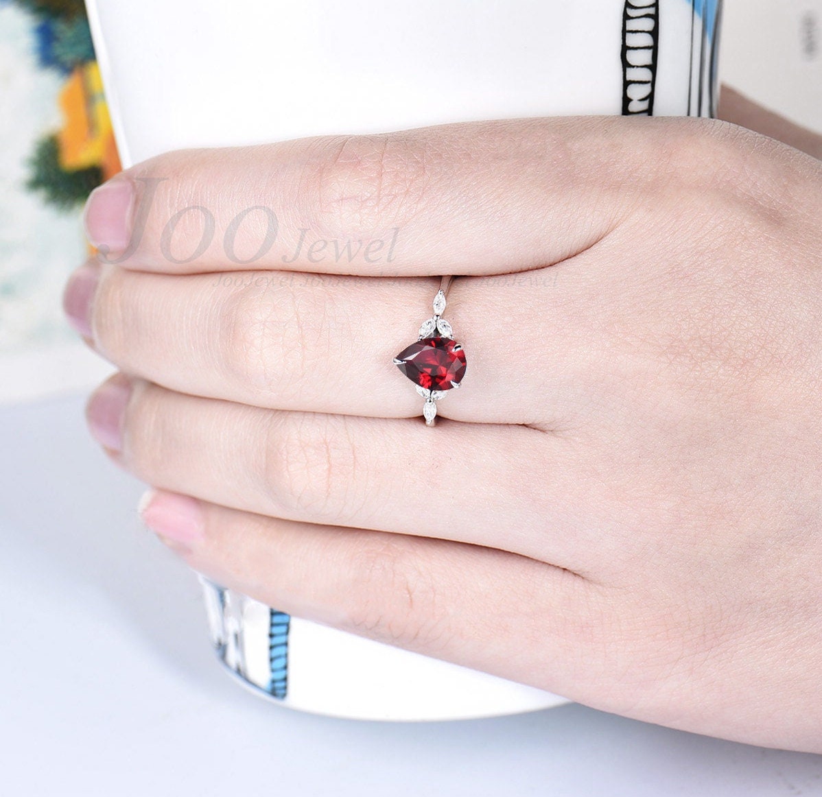 Sterling Silver 1.25ct Pear Shaped Ruby Engagement Ring Vintage Cluster CZ Diamond Ring Anniversary Ring Women July Birthstone Jewelry Gift