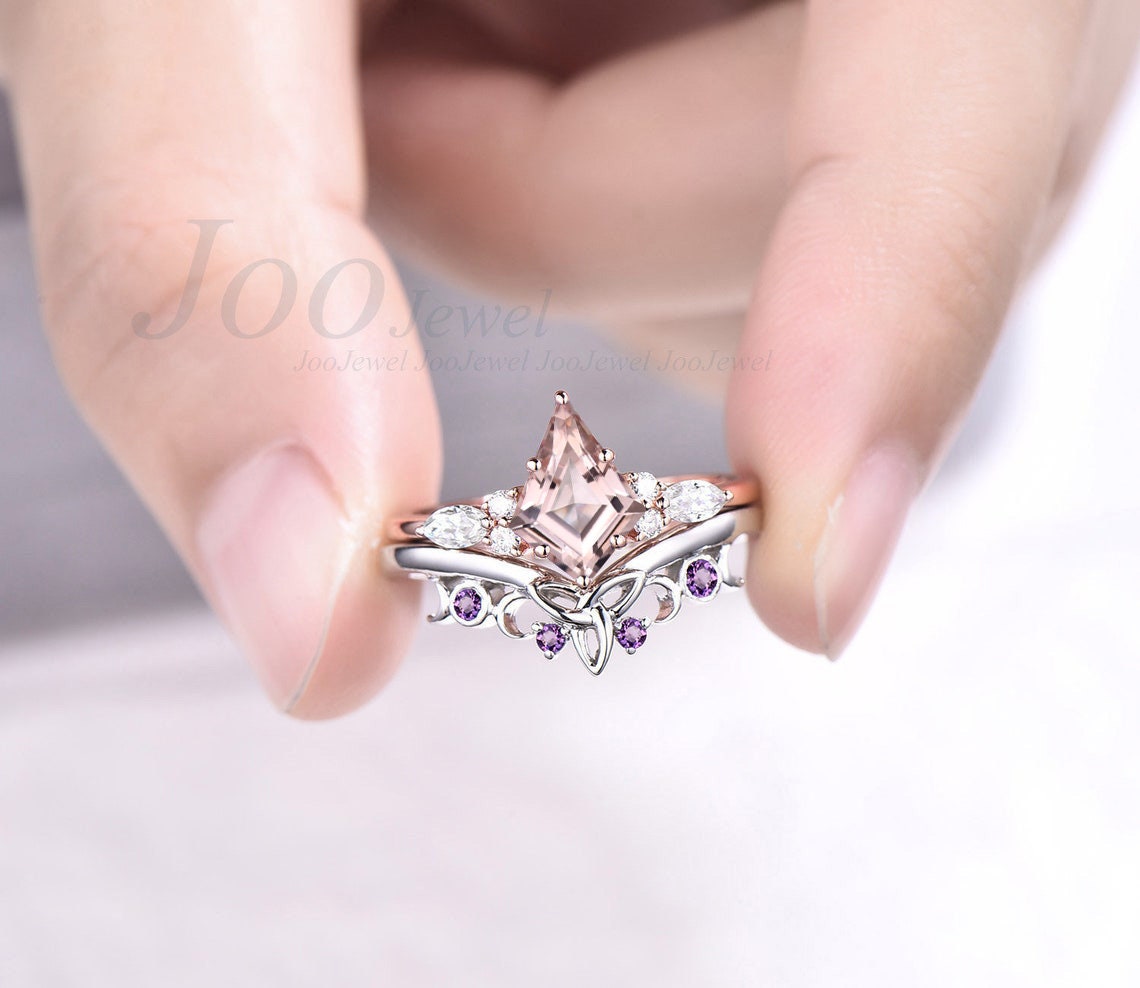 Kite Cut Natural Pink Peach Morganite Bridal Ring Set Purple Amethyst Wedding Ring Celtic Knot Wedding Band Anniversary Wedding Gift for Her