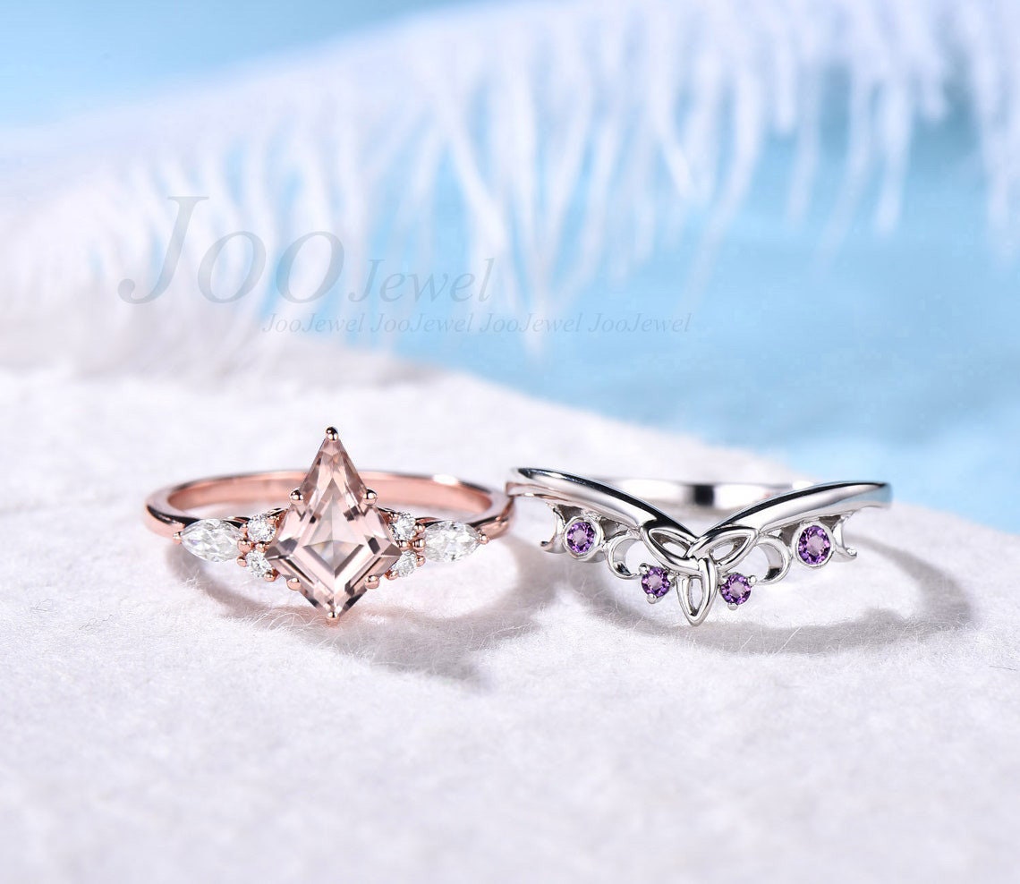 Kite Cut Natural Pink Peach Morganite Bridal Ring Set Purple Amethyst Wedding Ring Celtic Knot Wedding Band Anniversary Wedding Gift for Her