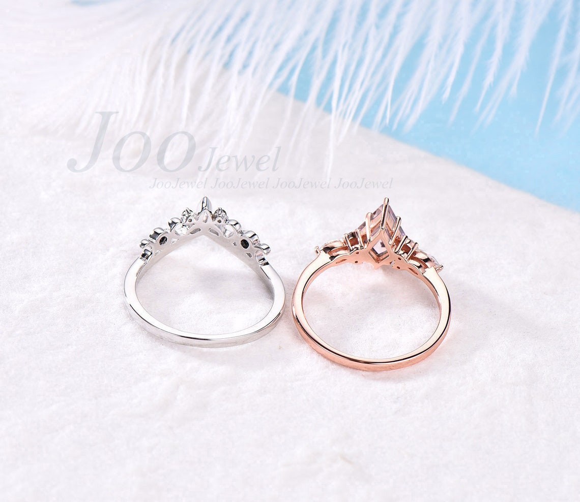 Kite Cut Natural Pink Peach Morganite Bridal Ring Set Purple Amethyst Wedding Ring Celtic Knot Wedding Band Anniversary Wedding Gift for Her