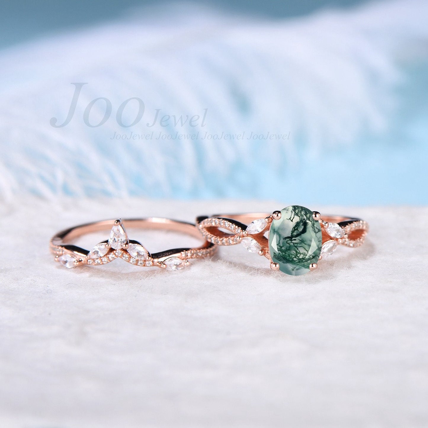 Oval Cut Moss Agate Bridal Ring Set Marquise Moissanite Half Eternity Wedding Band Leaf Engagement Ring Infinity Wedding Ring Promise Gifts