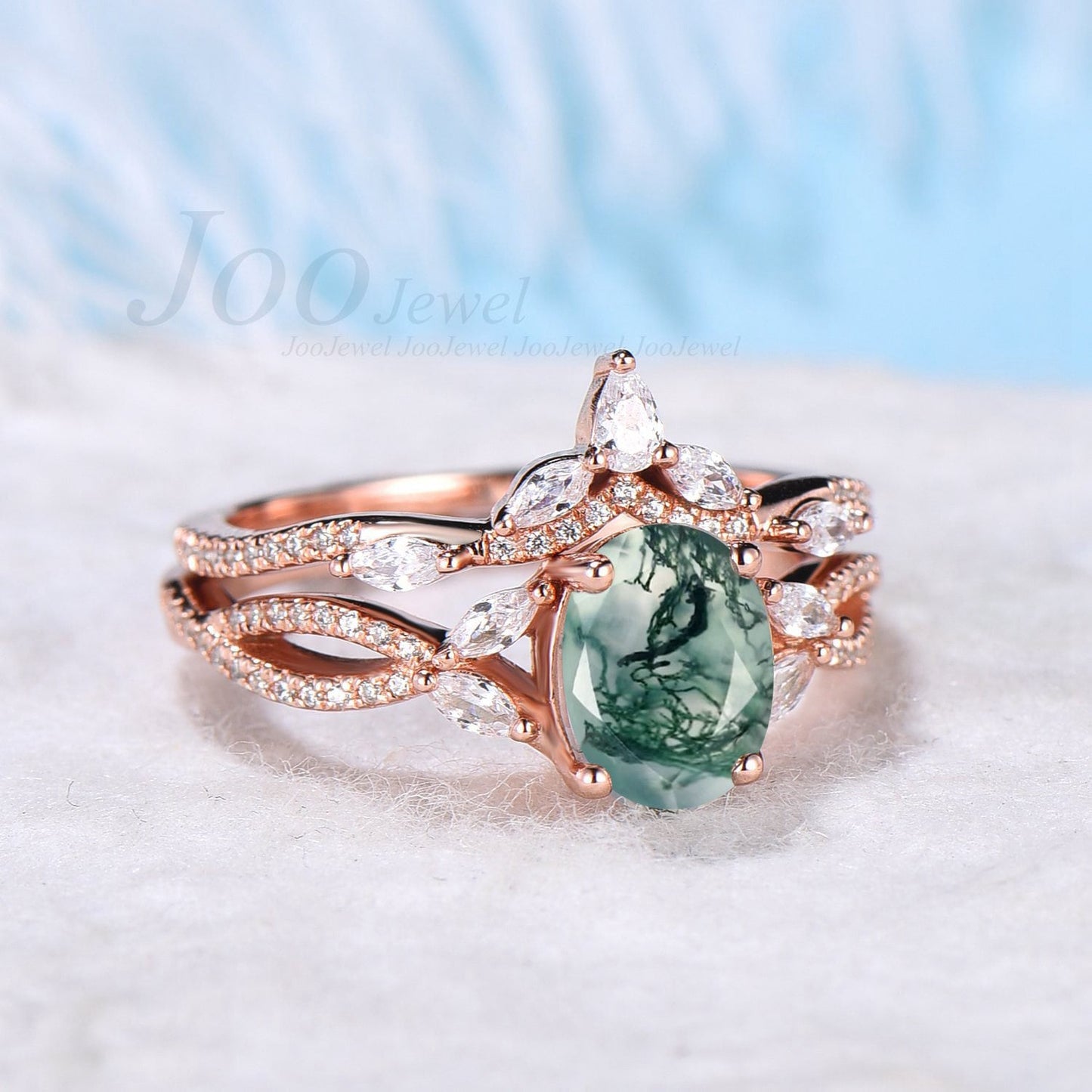 Oval Cut Moss Agate Bridal Ring Set Marquise Moissanite Half Eternity Wedding Band Leaf Engagement Ring Infinity Wedding Ring Promise Gifts