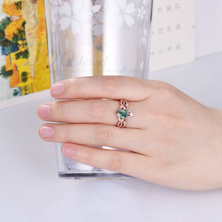 Oval Cut Moss Agate Bridal Ring Set Marquise Moissanite Half Eternity Wedding Band Leaf Engagement Ring Infinity Wedding Ring Promise Gifts