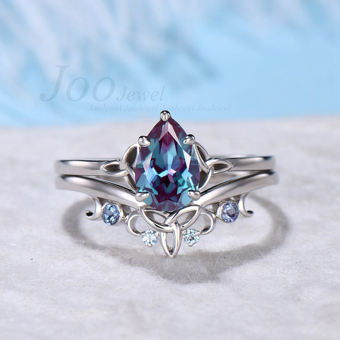 Celtic Bridal Ring Set Women Unique Pear Shaped Color Change Alexandrite Engagement Ring Set Rose Gold Alexandrite Wedding Band Promise Ring
