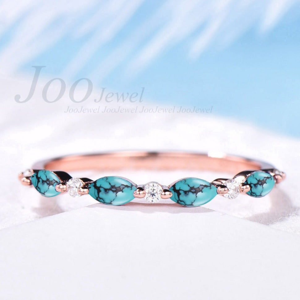 Marquise Cut Turquoise Wedding Band Vintage Half Eternity Turquoise Ring December Birthstone Matching Band Stackable Ring Anniversary Gift