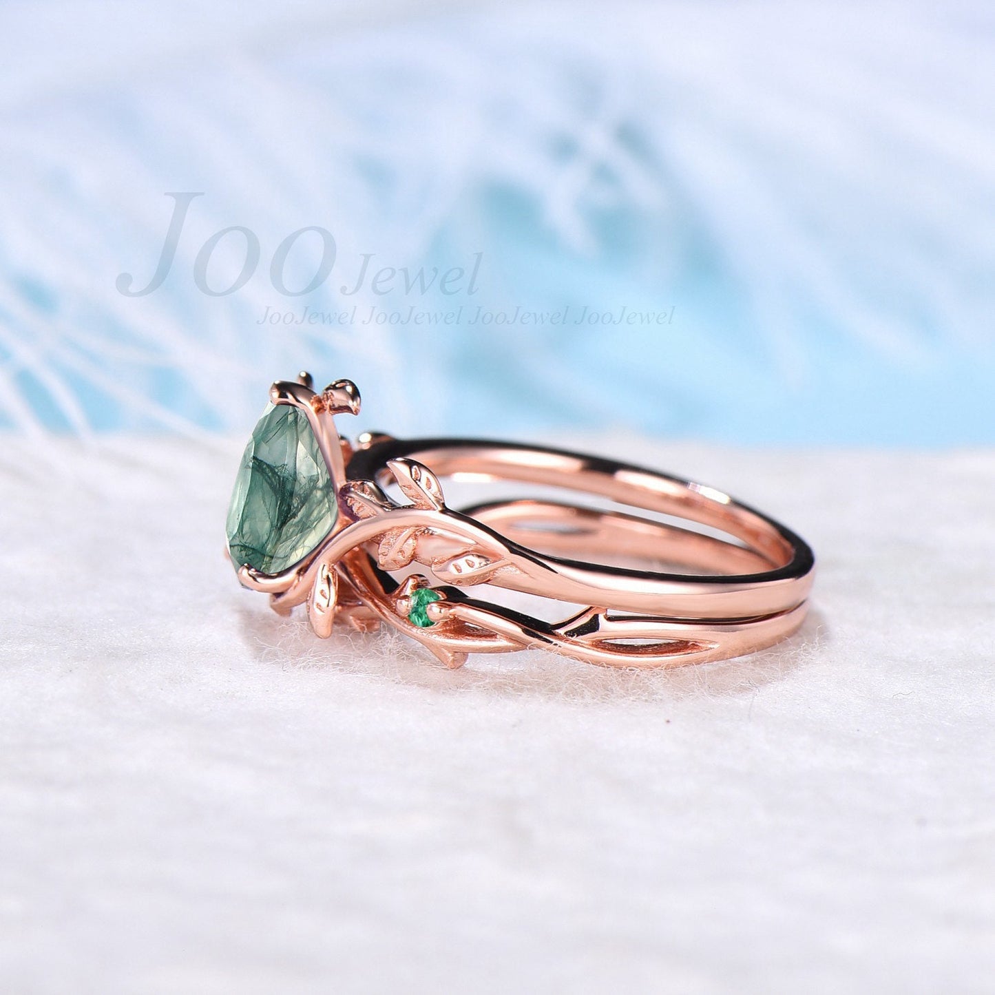 Pear Shaped Natural Moss Agate Ring Leaf Engagement Ring Set Green Gemstone Jewelry Twig Wedding Band Emerald Moss Bridal Set Unique Gifts