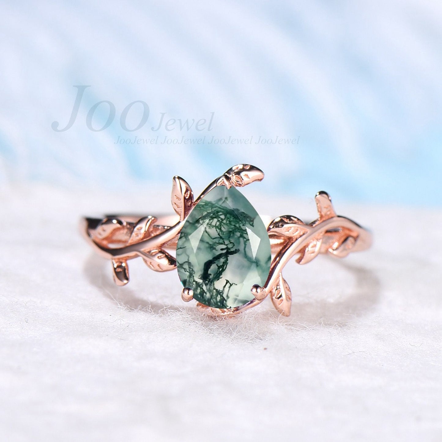 Pear Shaped Natural Moss Agate Ring Leaf Engagement Ring Set Green Gemstone Jewelry Twig Wedding Band Emerald Moss Bridal Set Unique Gifts
