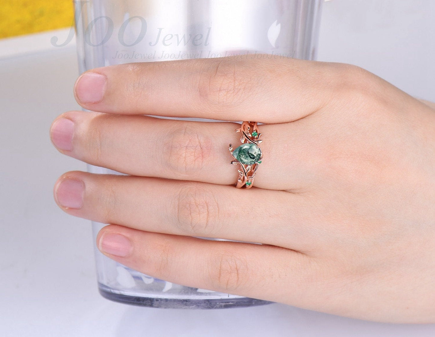 Pear Shaped Natural Moss Agate Ring Leaf Engagement Ring Set Green Gemstone Jewelry Twig Wedding Band Emerald Moss Bridal Set Unique Gifts