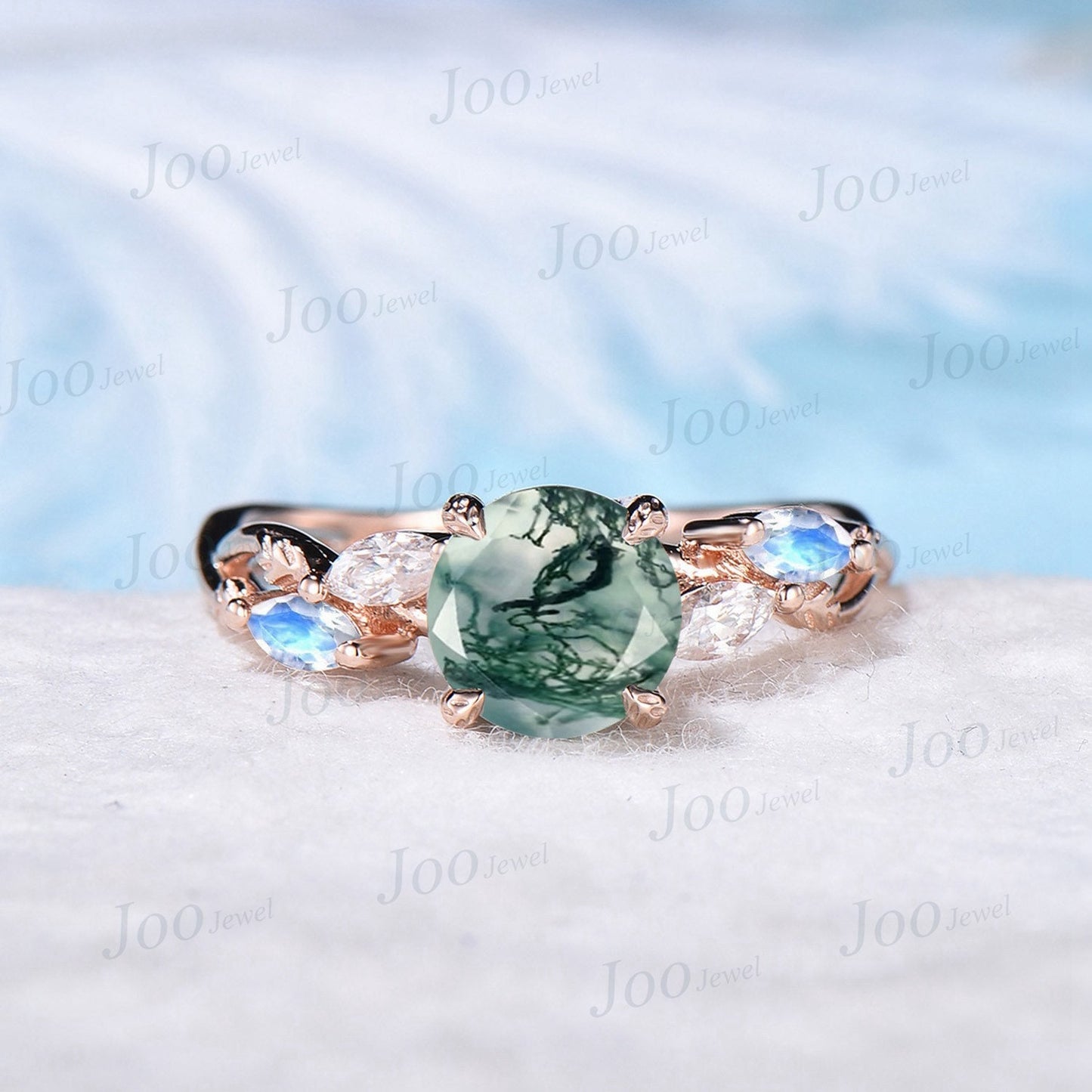 1.2ct Round Cut Natural Moss Agate Ring Nature Inspired Moss Engagement Rings Leaf Branch Twig Moonstone Wedding Ring Unique Gifts for Her