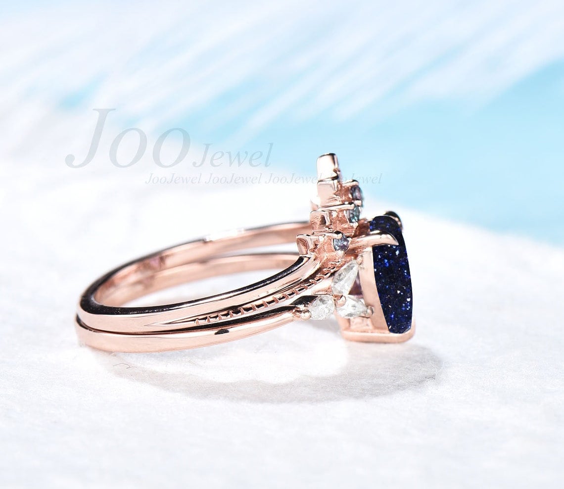 Pear Engagement Rings 1.25ct Blue Sandstone Ring Set Sterling Silver Galaxy Starry Sky Nebula Ring Alexandrite Wedding Band Proposal Gifts