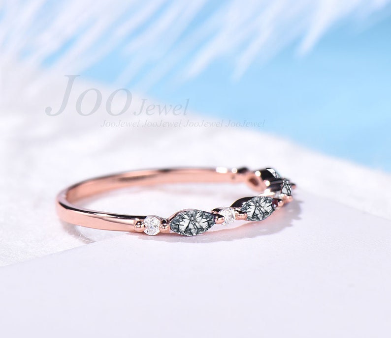 Marquise Cut Natural Black Rutilated Quartz Wedding Band Vintage Sterling Silver Black Rutile Crystal Ring Bridal Stacking Matching Band