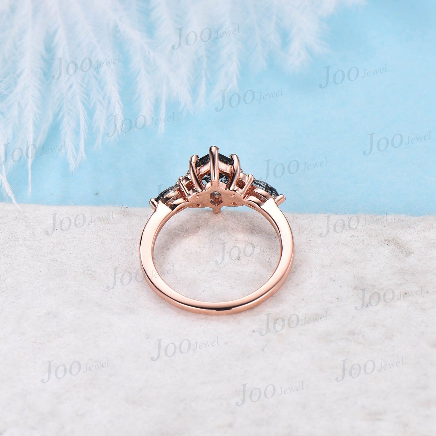 Hexagon Cut Natural Black Rutilated Quartz Engagement Ring Vintage Sterling Silver Black Rutile Ring Unique Wedding/Birthday Gift for Women