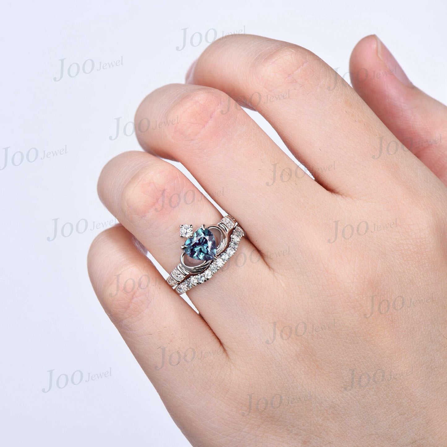 Alexandrite Engagement Ring Set June Birthstone Celtic Claddagh Engagement Ring Irish Promise Ring Women Anniversary Gift Heart Wedding Ring
