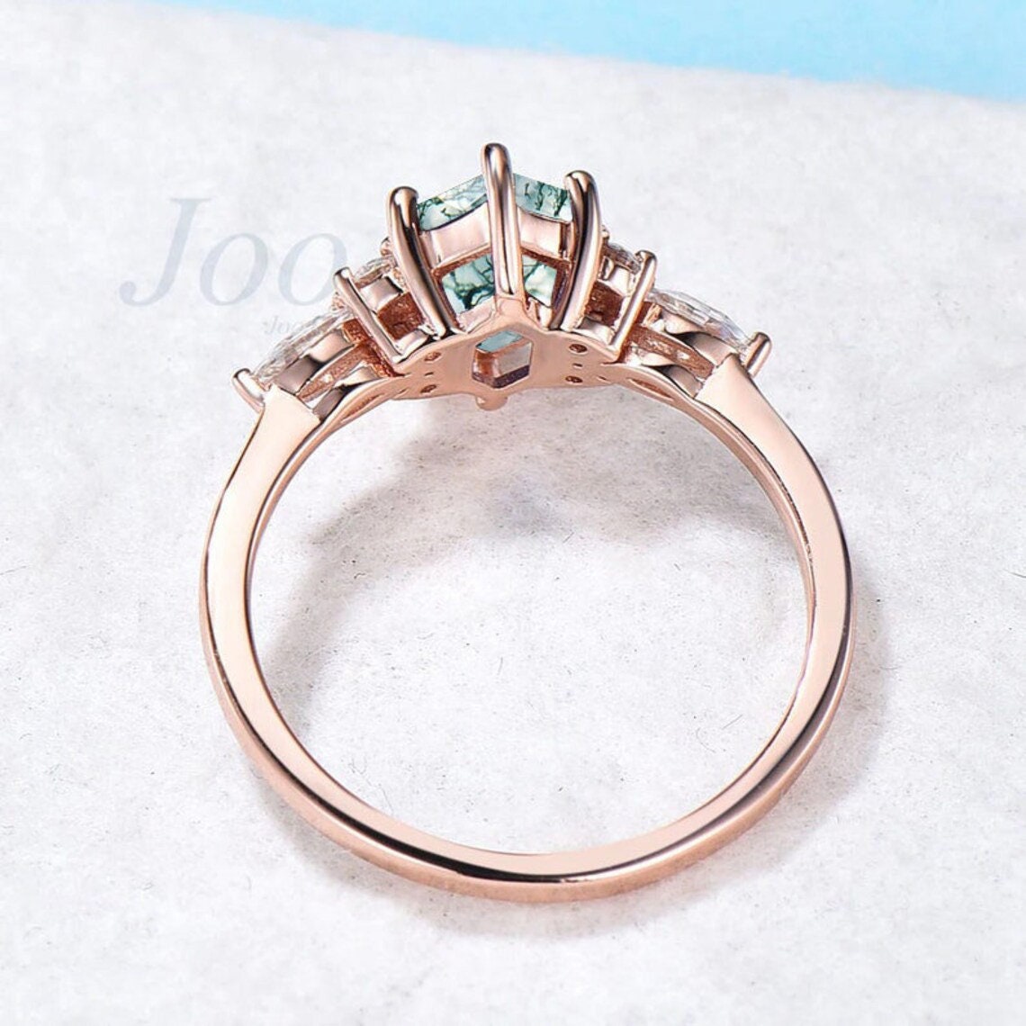 Hexagon Moss Agate Engagement Rings Sterling Silver Cluster Natural Green Aquatic Agate Promise Ring Marquise Moss Moissanite Wedding Ring