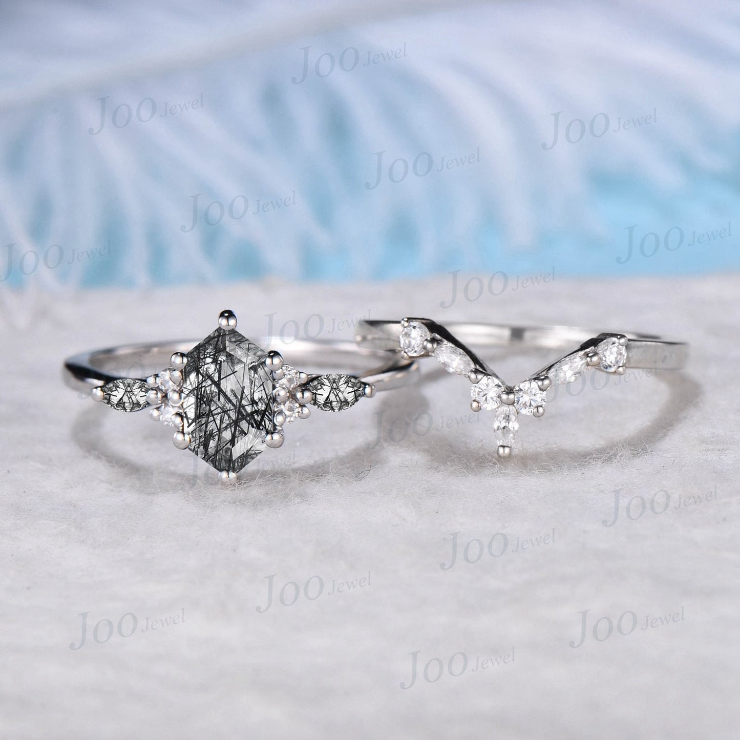 Hexagon Cut Black Rutilated Quartz Engagement Ring Set Vintage Sterling Silver Black Rutile Crystal Ring Unique Wedding/Birthday Gift Women