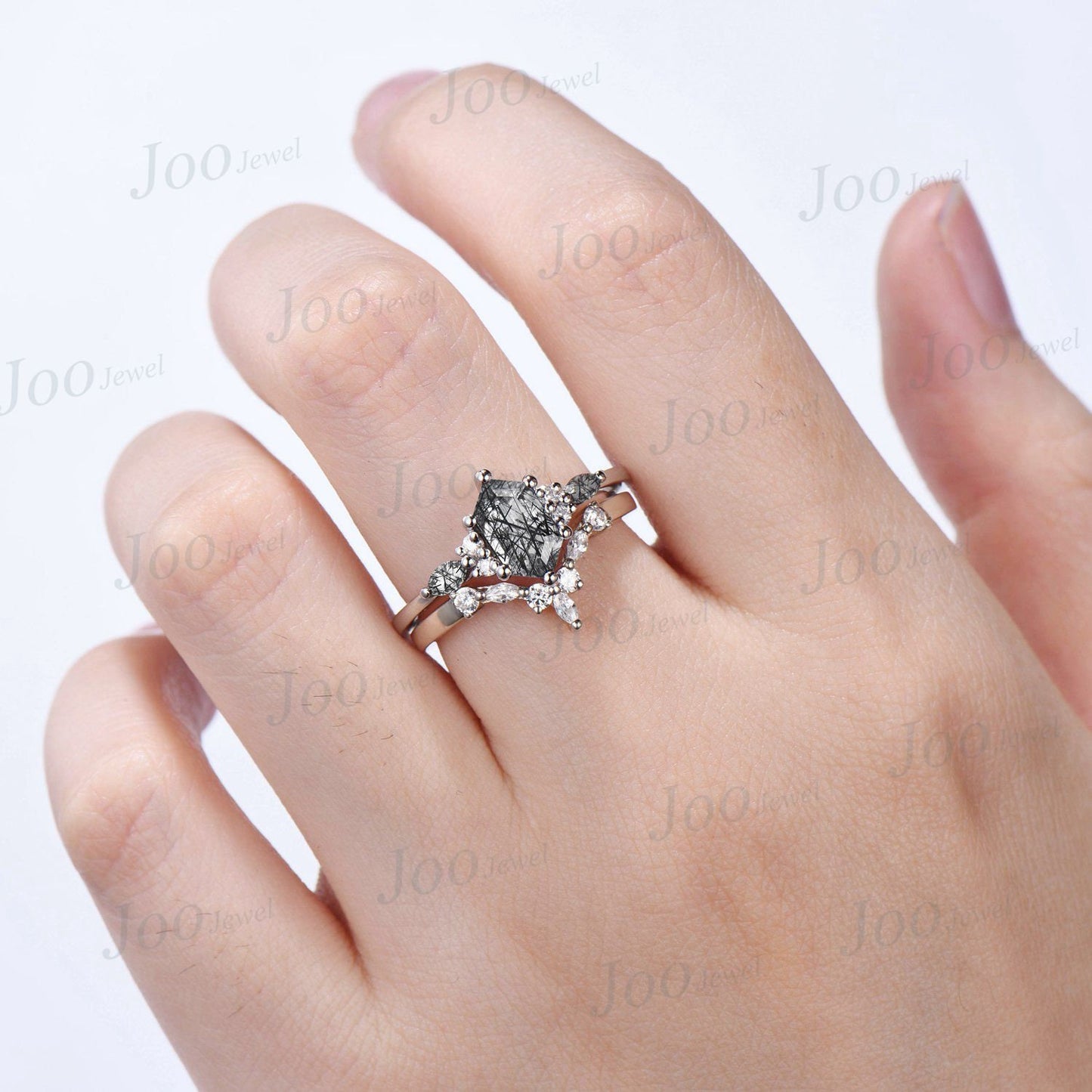 Hexagon Cut Black Rutilated Quartz Engagement Ring Set Vintage Sterling Silver Black Rutile Crystal Ring Unique Wedding/Birthday Gift Women