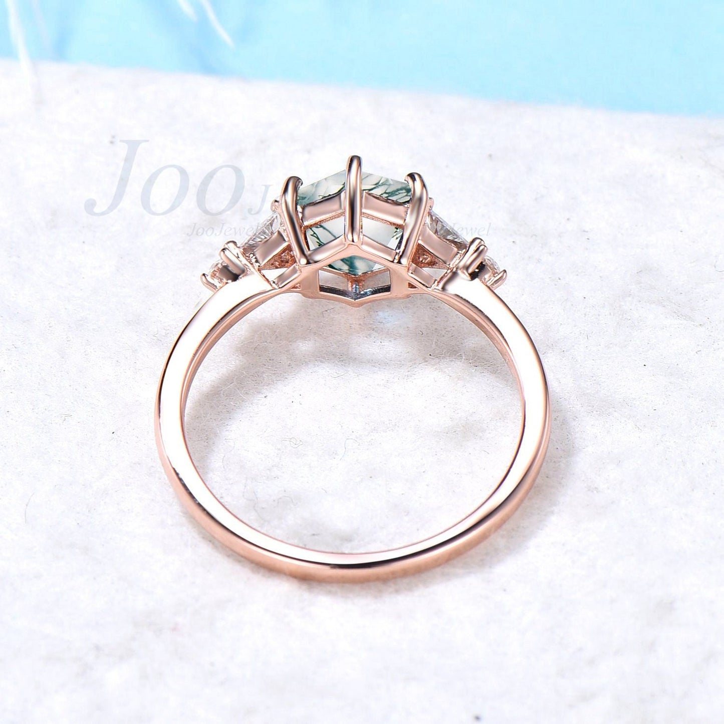 10K/14K/18K Rose Gold 1ct Hexagon Moss Agate Engagement Ring Unique Sterling Silver Hexagon Cut Green Gemstone Ring Moissanite Wedding Rings