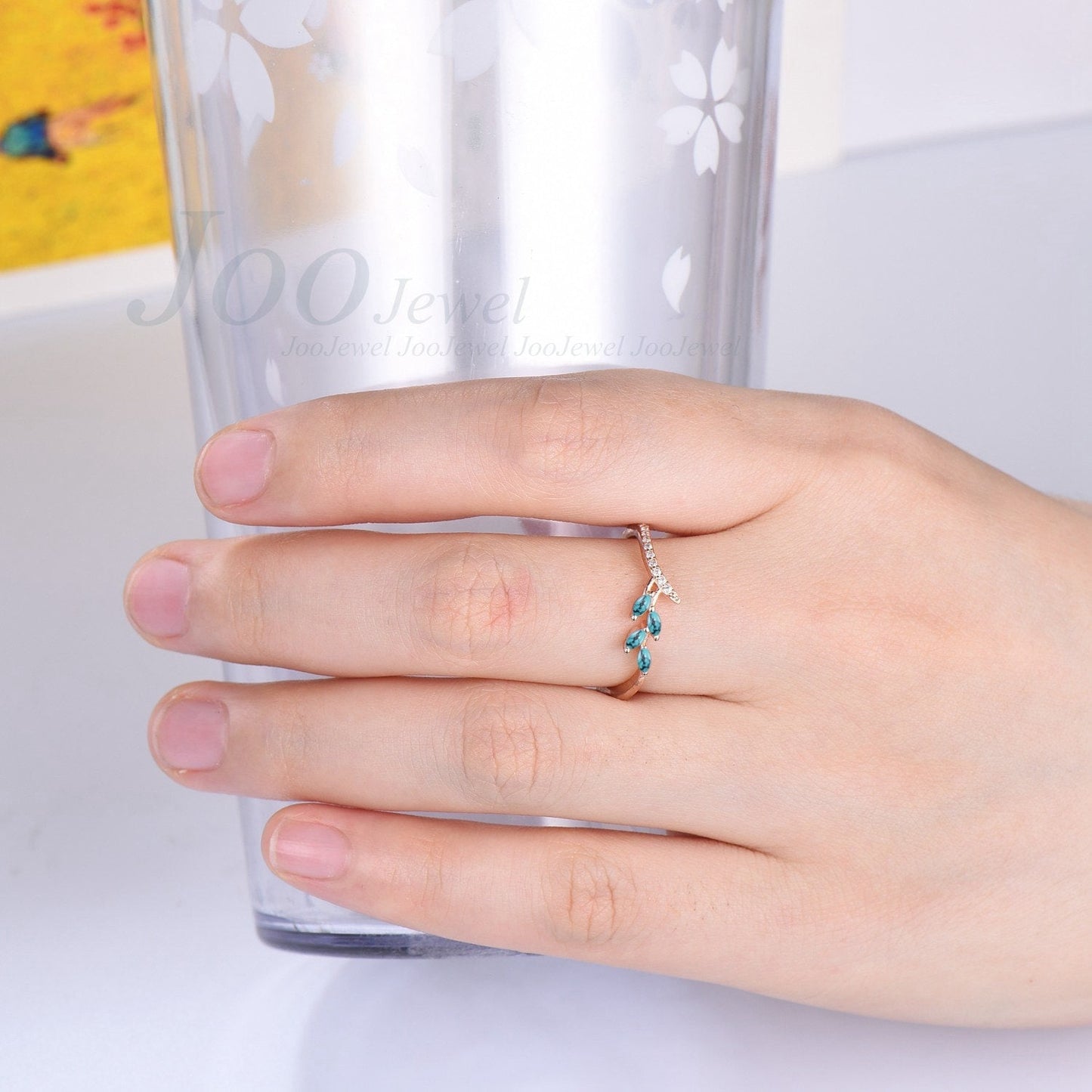 Minimalist Natural Turquoise Ring Sterling Silver Green Turquoise Leaf Wedding Band Dainty Moisssanite Wedding Ring Nature Inspired Jewelry