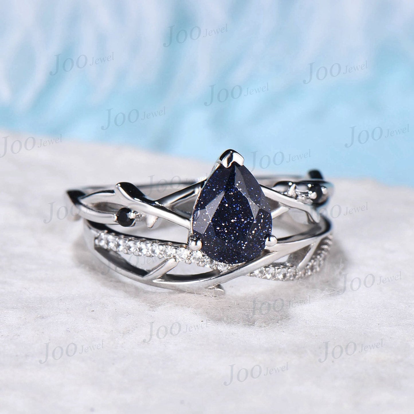 1.25ct Pear Shaped Blue Sandstone Ring White Gold Twig Engagement Ring Set Galaxy Starry Sky Ring Unique Blue Gemstone Jewelry Proposal Gift