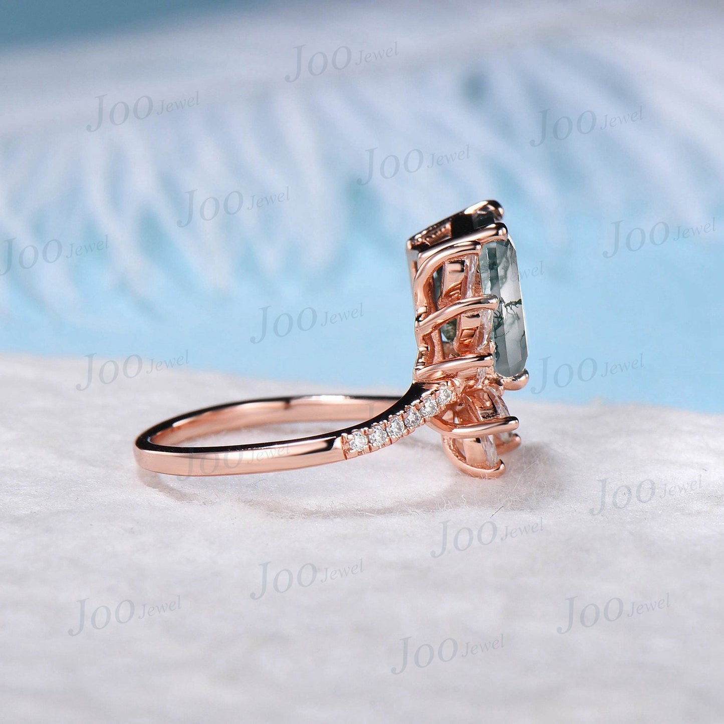 Unique Emerald Cut Natural Moss Agate Cluster Engagement Rings Marquise Moss Agate Moissanite Wedding Cocktail Ring Luxury Promise Gifts
