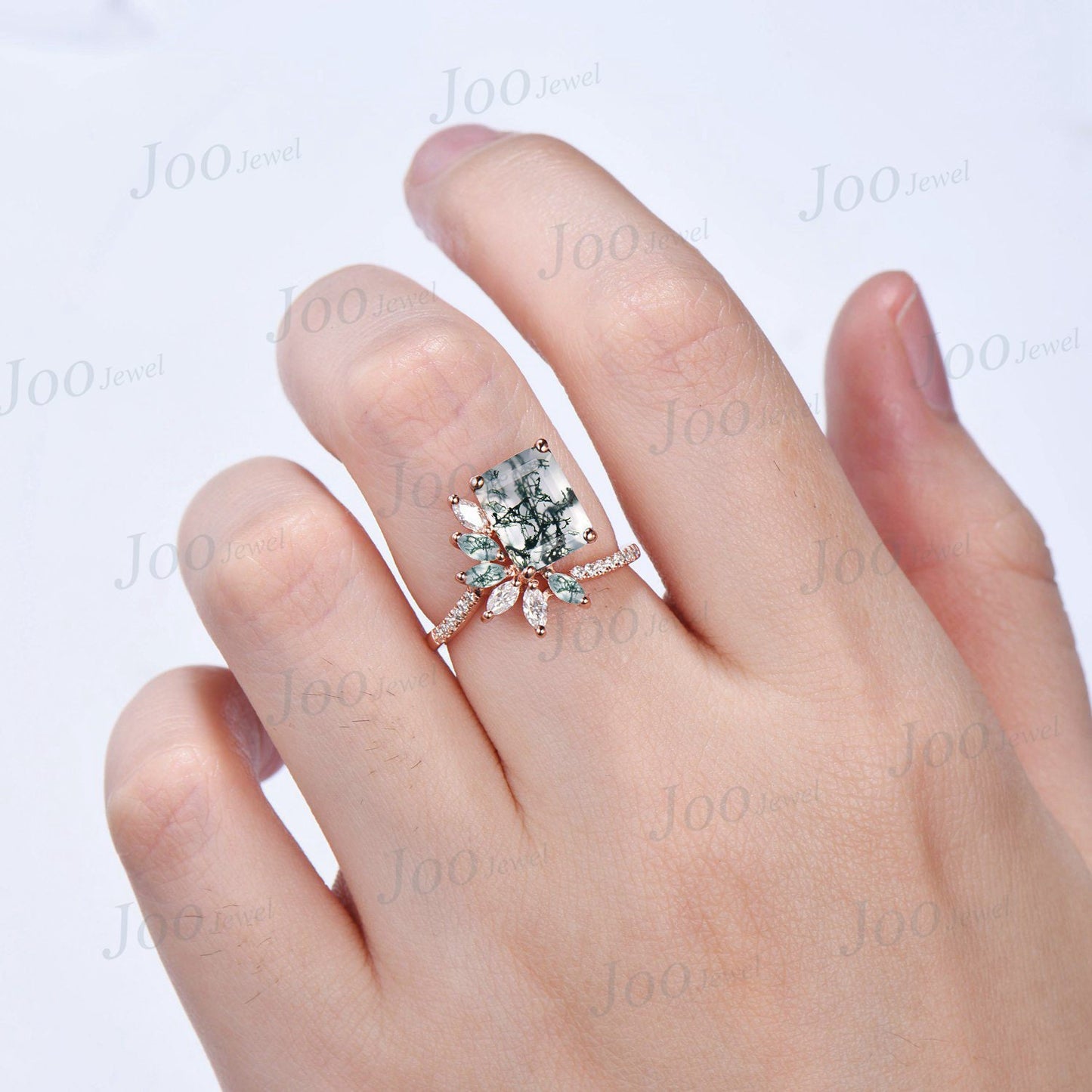 Unique Emerald Cut Natural Moss Agate Cluster Engagement Rings Marquise Moss Agate Moissanite Wedding Cocktail Ring Luxury Promise Gifts