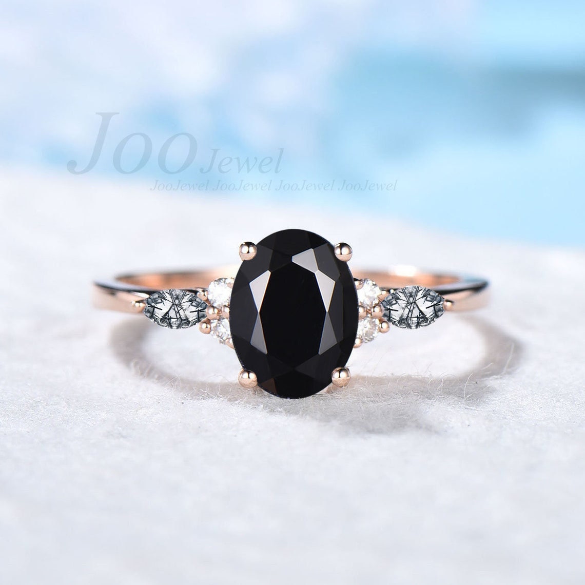 Natural Black Onyx Engagement Rings Women Unique Healing Crystal Ring Sterling Silver Marquise Black Rutilated Quartz Ring Black Stone Ring