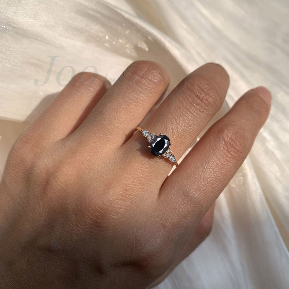Natural Black Onyx Engagement Rings Women Unique Healing Crystal Ring Sterling Silver Marquise Black Rutilated Quartz Ring Black Stone Ring