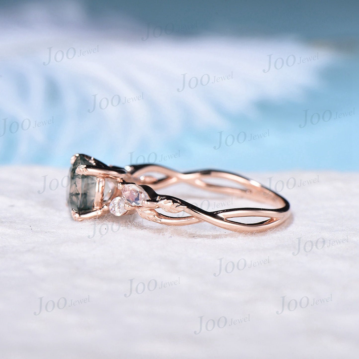 1.2ct Round Cut Natural Moss Agate Ring Nature Inspired Moss Engagement Rings Leaf Branch Twig Moonstone Wedding Ring Unique Gifts for Her