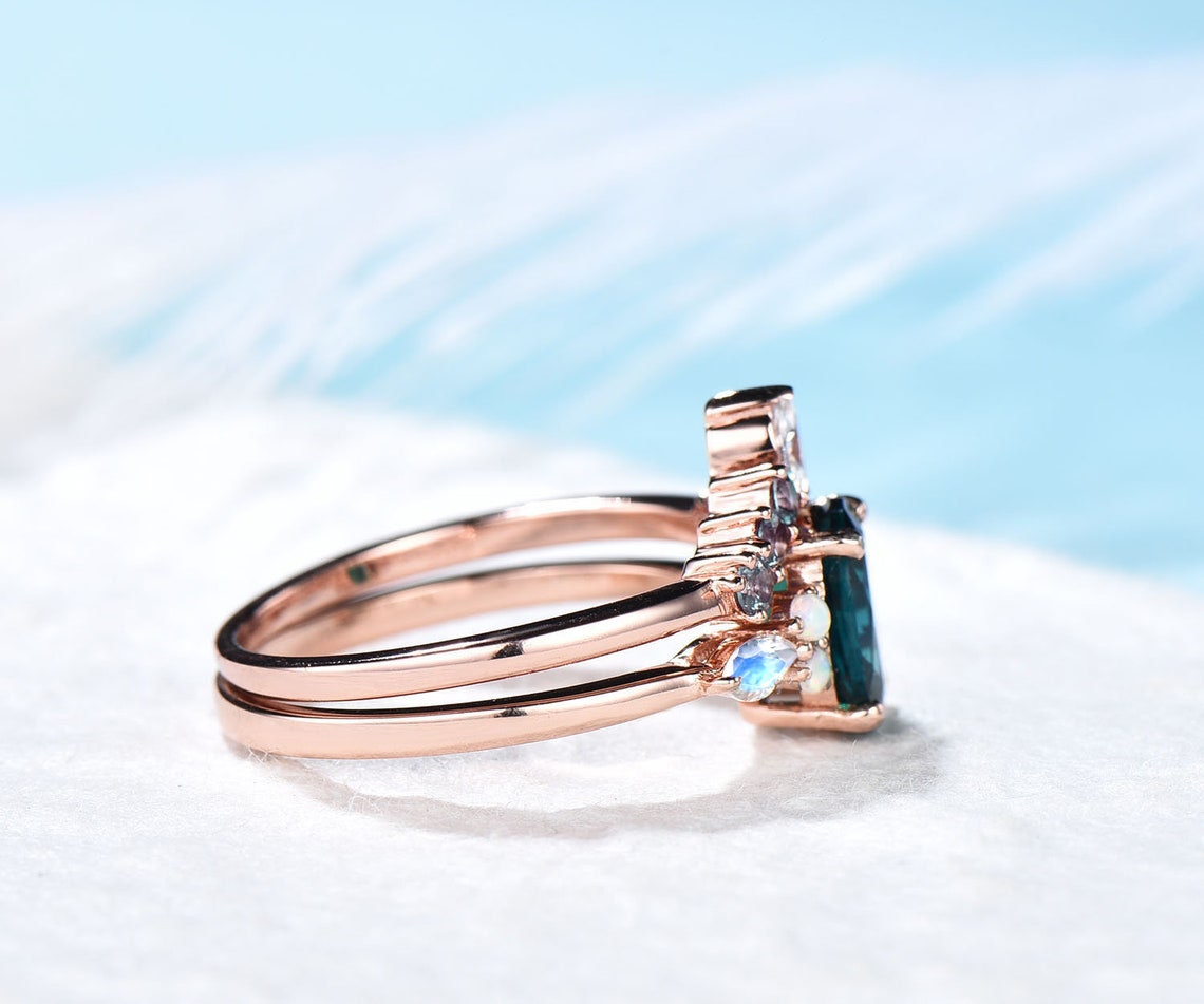 1.5ct Alexandrite Engagement Ring Set Vintage 14k Rose Gold Moonstone Ring Set For Women White Opal Ring Oval Cut Bridal Ring Set Jewelry
