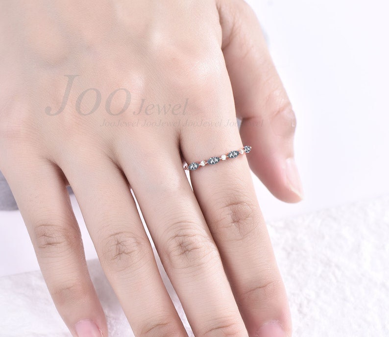 Marquise Cut Natural Black Rutilated Quartz Wedding Band Vintage Sterling Silver Black Rutile Crystal Ring Bridal Stacking Matching Band