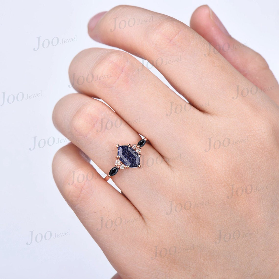 Sterling Silver Hexagon Cut Starry Sky Blue Sandstone Engagement Ring Vintage Cluster Moissanite Black Gemstone Ring Personalized Ring Gifts