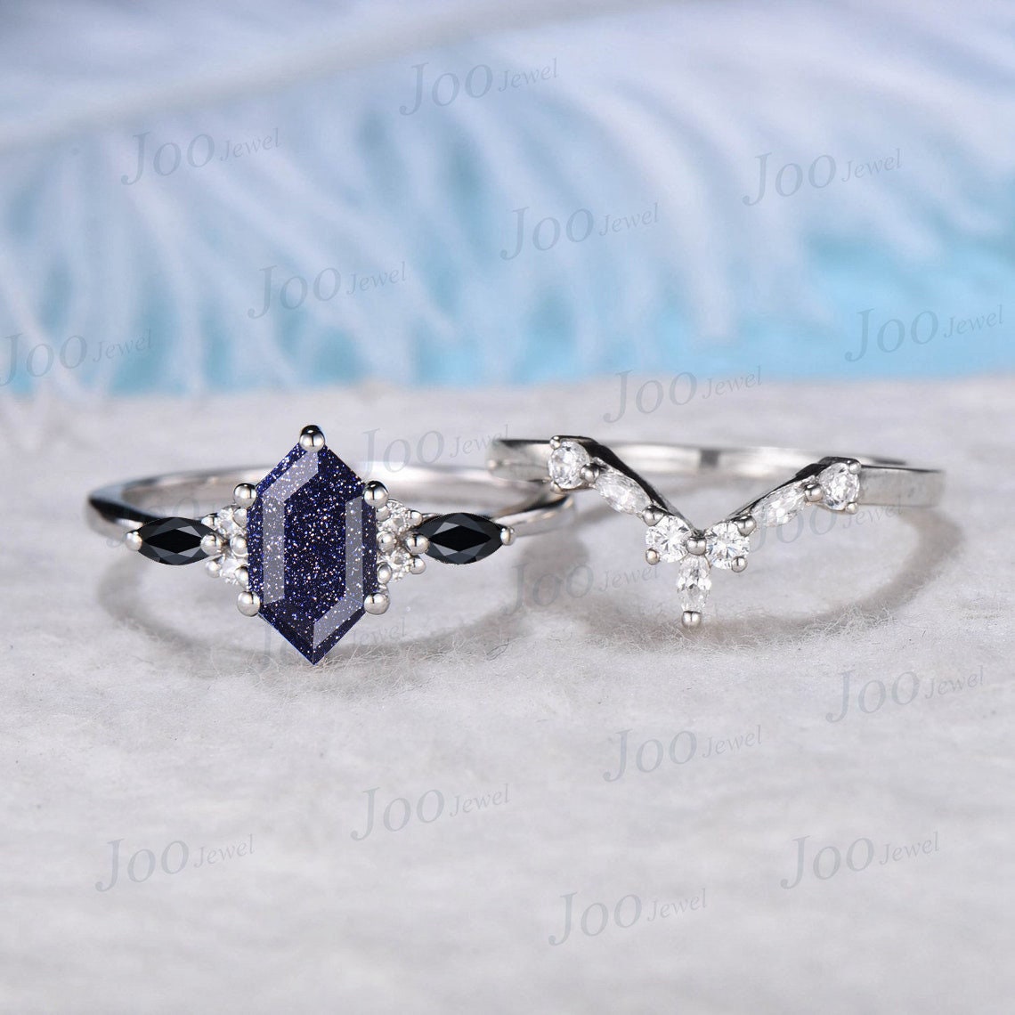 Sterling Silver Hexagon Cut Starry Sky Blue Sandstone Engagement Ring Vintage Cluster Moissanite Black Gemstone Ring Personalized Ring Gifts