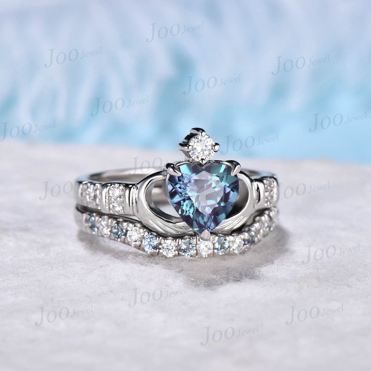 Alexandrite Engagement Ring Set June Birthstone Celtic Claddagh Engagement Ring Irish Promise Ring Women Anniversary Gift Heart Wedding Ring