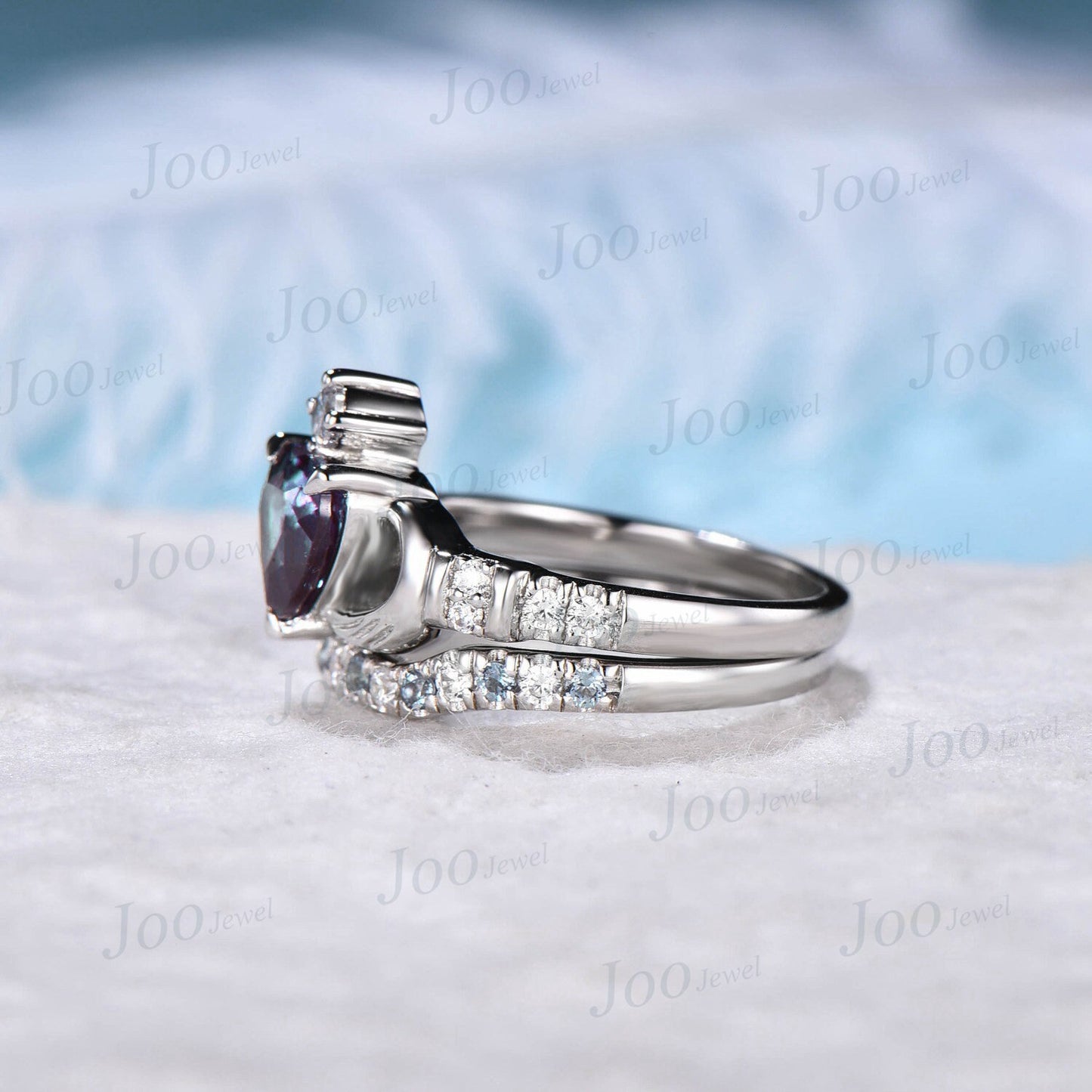 Alexandrite Engagement Ring Set June Birthstone Celtic Claddagh Engagement Ring Irish Promise Ring Women Anniversary Gift Heart Wedding Ring