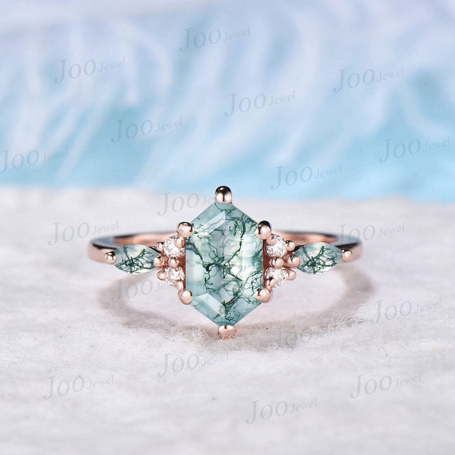 1.5ct Oval Cut Natural Moss Agate Engagement Rings Rose Gold Silver Cluster Aquatic Agate Promise Ring Marquise Moss Moissanite Wedding Ring