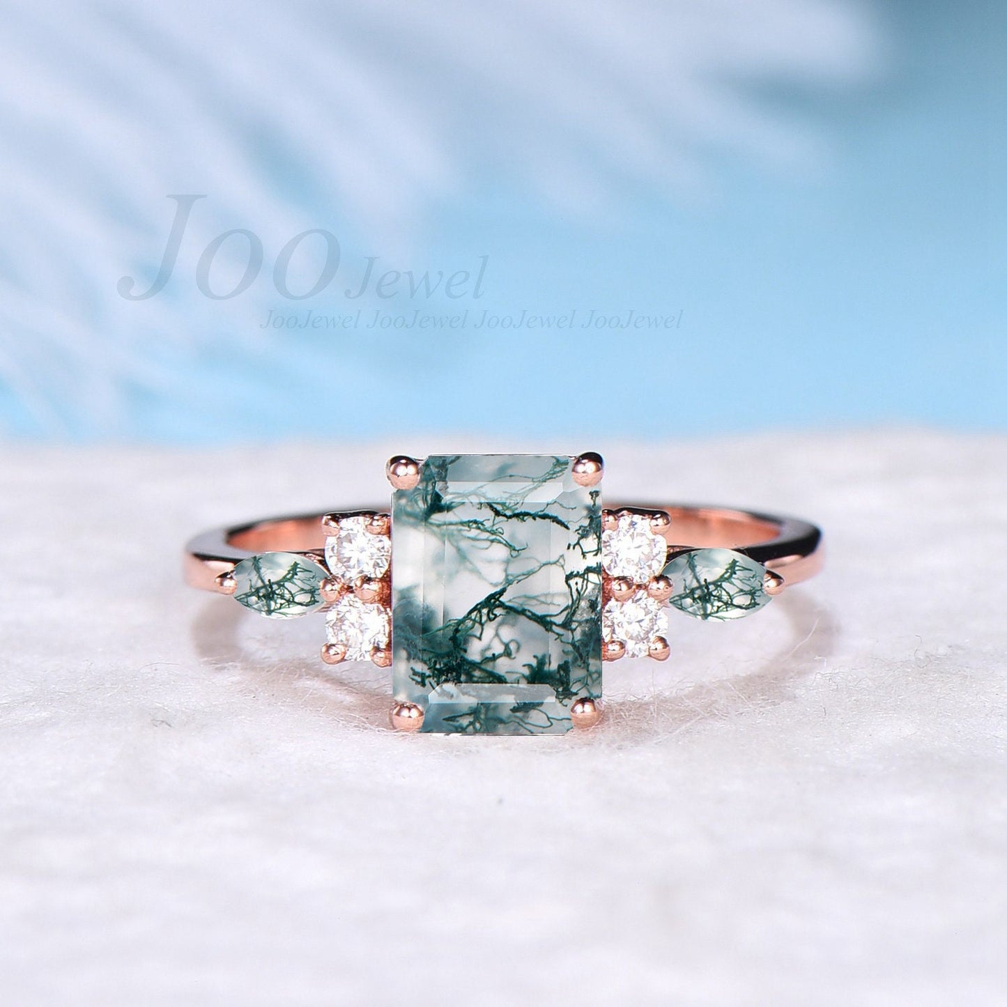 1.5ct Oval Cut Natural Moss Agate Engagement Rings Rose Gold Silver Cluster Aquatic Agate Promise Ring Marquise Moss Moissanite Wedding Ring
