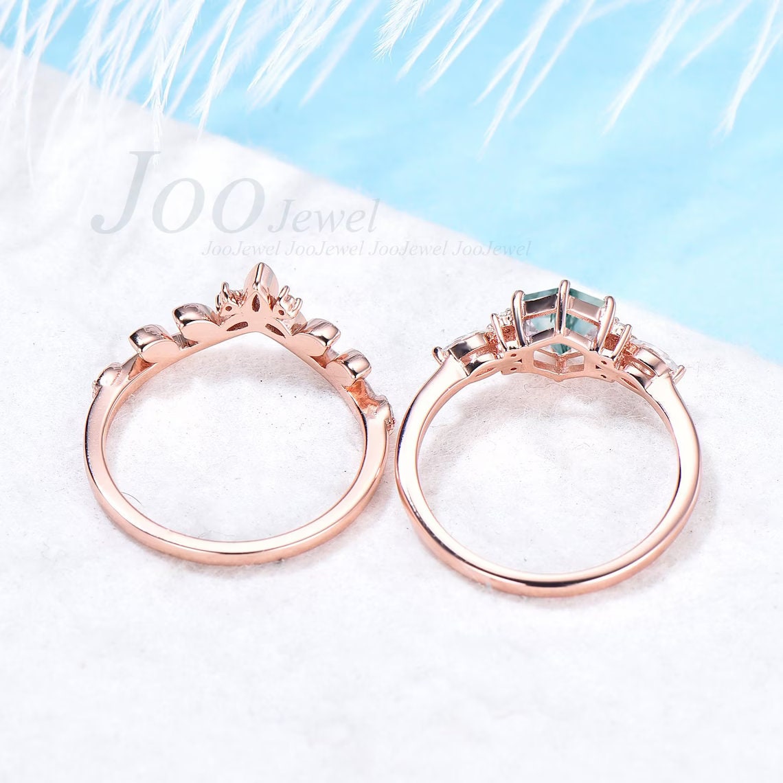 1ct Hexagon Real Green Moss Agate Engagement Rings Set 10K/14K/18K Rose Gold Vintage Marquise Moss Agate Ring Moissanite Celtic Wedding Set