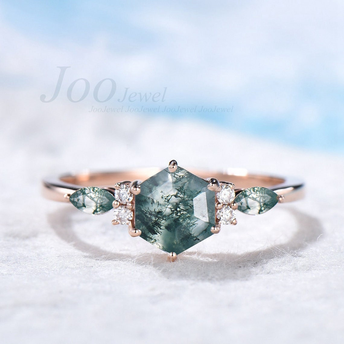 1ct Hexagon Real Green Moss Agate Engagement Rings Set 10K/14K/18K Rose Gold Vintage Marquise Moss Agate Ring Moissanite Celtic Wedding Set
