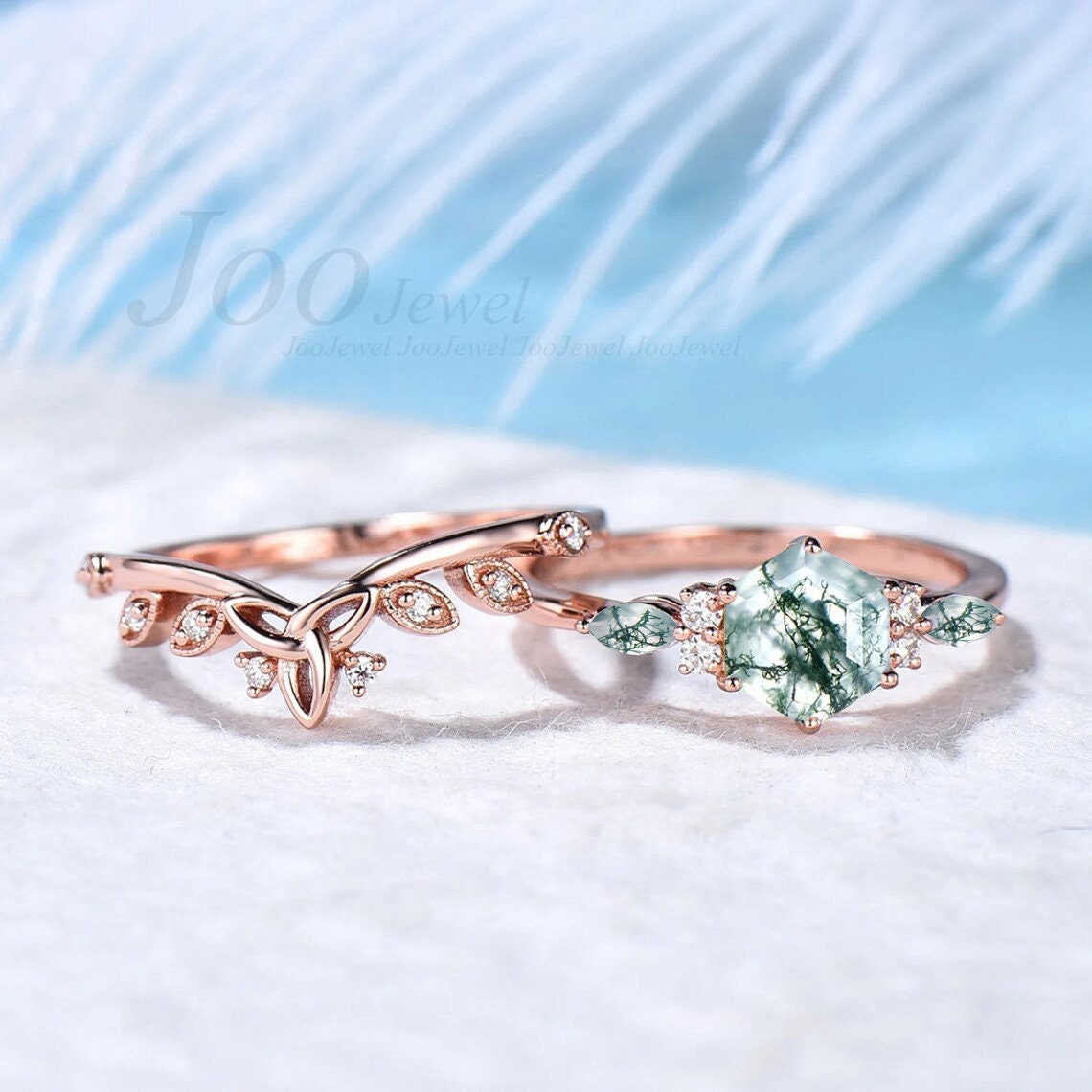 1ct Hexagon Real Green Moss Agate Engagement Rings Set 10K/14K/18K Rose Gold Vintage Marquise Moss Agate Ring Moissanite Celtic Wedding Set