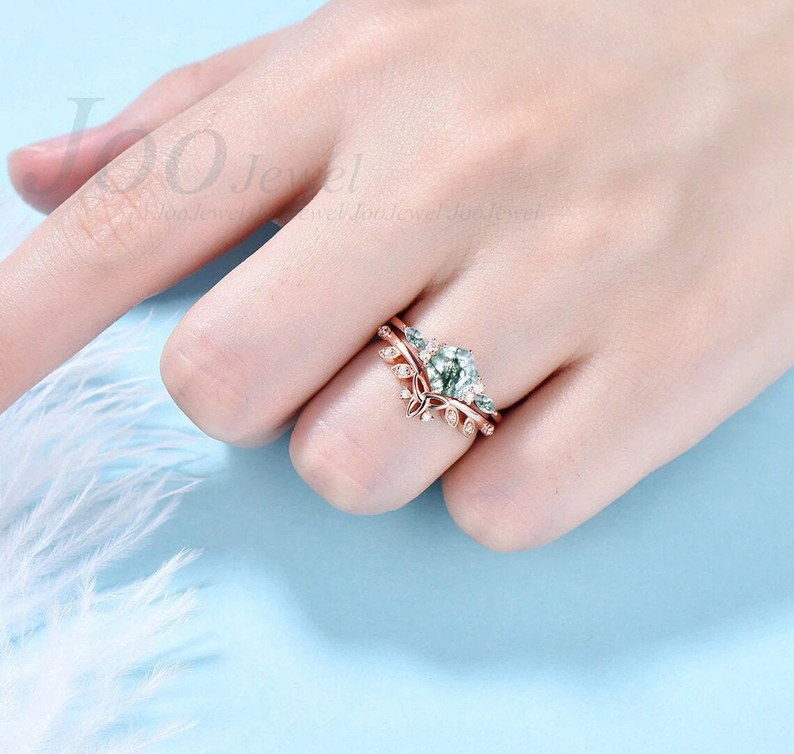 1ct Hexagon Real Green Moss Agate Engagement Rings Set 10K/14K/18K Rose Gold Vintage Marquise Moss Agate Ring Moissanite Celtic Wedding Set