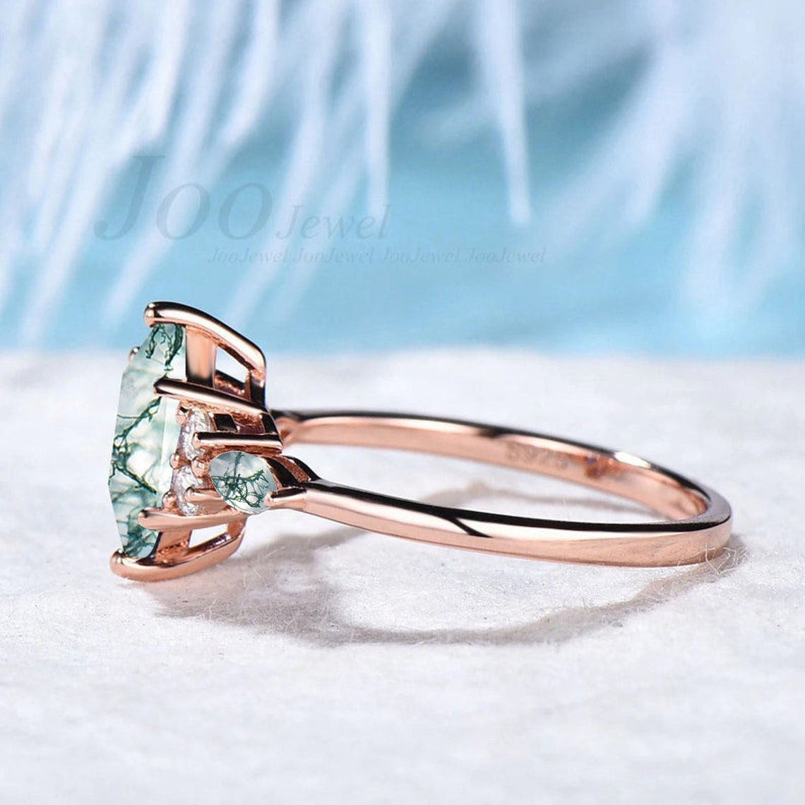 Hexagon Moss Agate Engagement Rings Sterling Silver Cluster Natural Green Aquatic Agate Promise Ring Marquise Moss Moissanite Wedding Ring