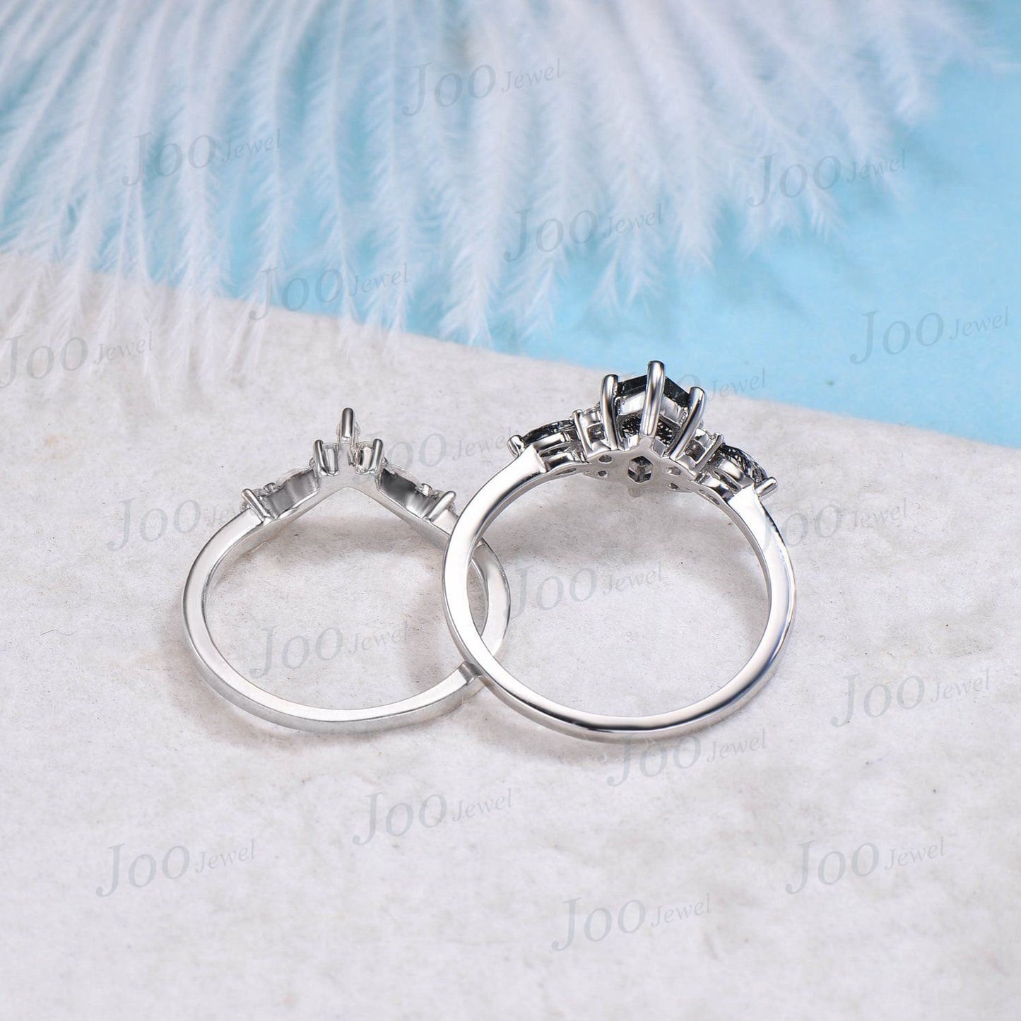 Hexagon Cut Blue Sandstone Engagement Ring Set Platinum Ring Vintage Marquise Black Rutile Crystal Ring Unique Black Wedding Ring Set Women