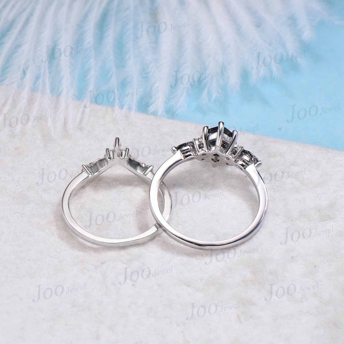 Hexagon Cut Black Rutilated Quartz Engagement Ring Set Vintage Sterling Silver Black Rutile Crystal Ring Unique Wedding/Birthday Gift Women