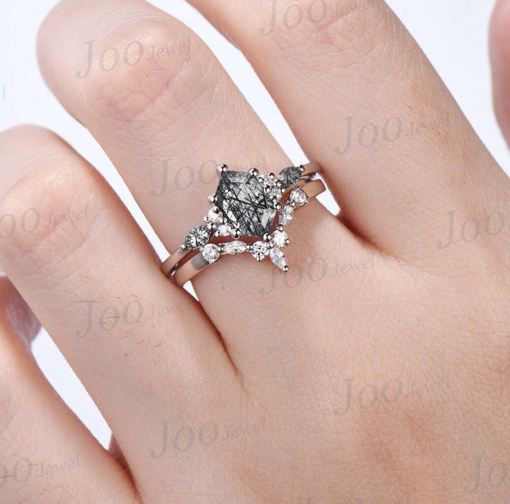 Hexagon Cut Black Rutilated Quartz Engagement Ring Set Vintage Sterling Silver Black Rutile Crystal Ring Unique Wedding/Birthday Gift Women