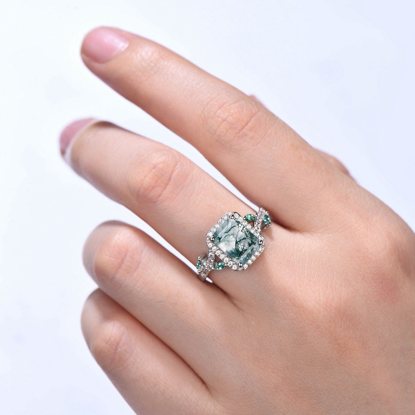 Emerald Cut Nature Inspired Moss Agate Engagement Rings Leaf Emerald Wedding Ring Green Moss Agate Halo Ring Vintage Handmade Jewelry Gifts