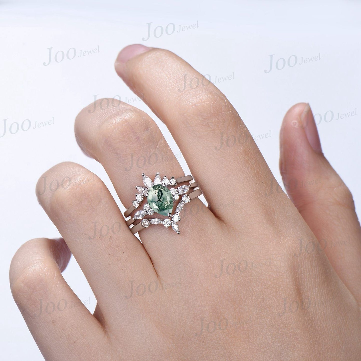Pear Moss Agate Engagement Ring Set Sterling Silver Wedding Band Ring For Women Green Ring Vintage Unique Rose Gold Bridal Wedding Ring Set