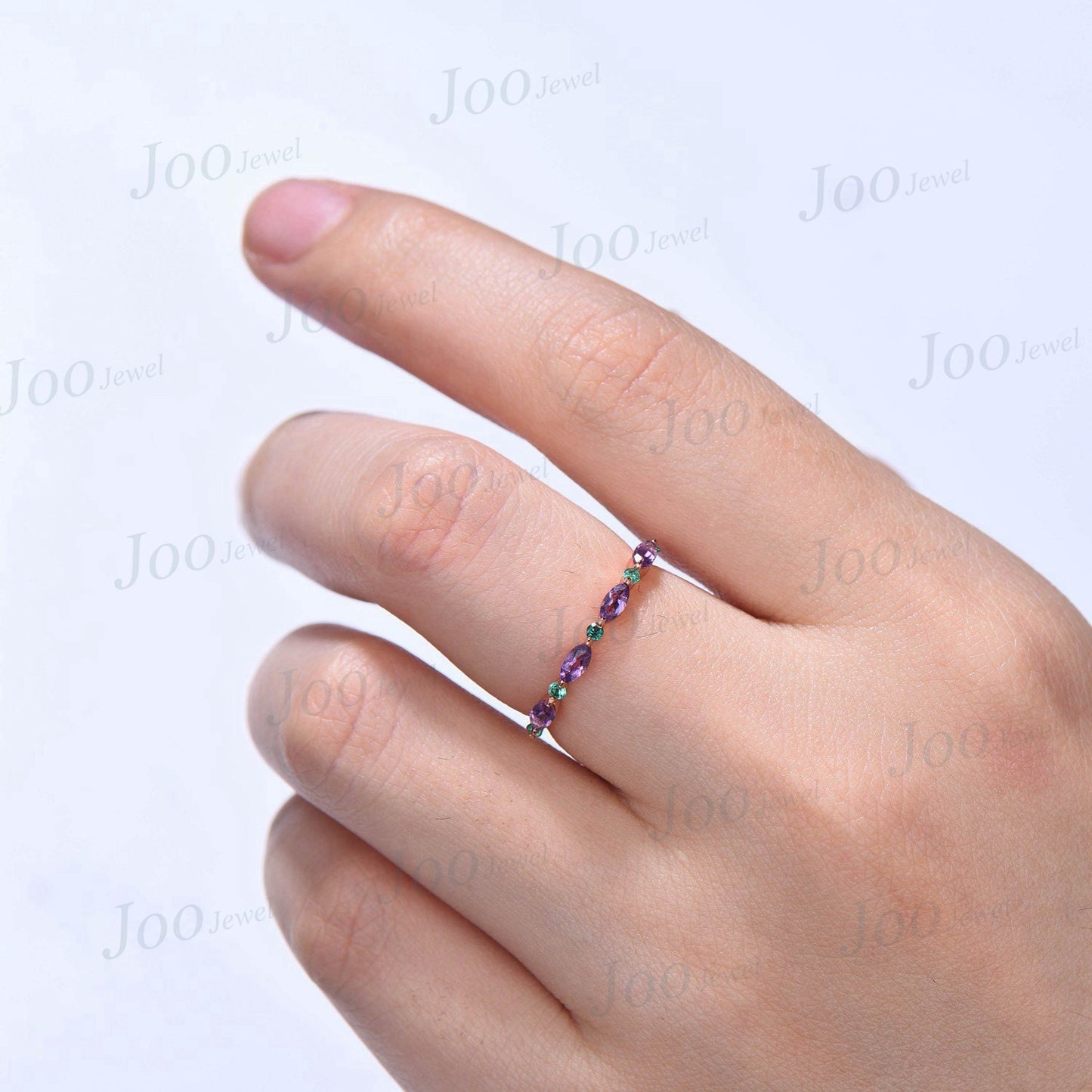 10K/14K/18K Rose Gold Marquise Natural Purple Amethyst Wedding Band February Birthstone Jewelry Emerald Ring Minimalist Crystal Wedding Ring