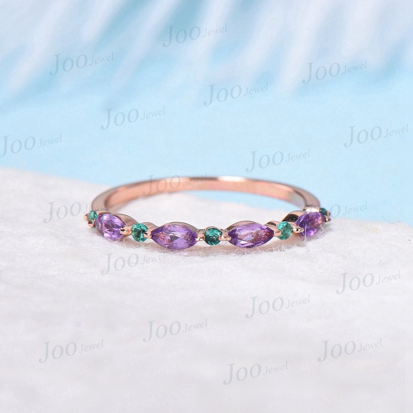 10K/14K/18K Rose Gold Marquise Natural Purple Amethyst Wedding Band February Birthstone Jewelry Emerald Ring Minimalist Crystal Wedding Ring